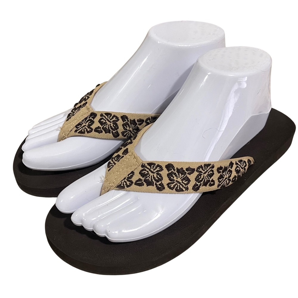 Y2K Arizona Brown Flip Flops Thong Sandals Hawaiian Beach Summer Sz 8 Flowers
